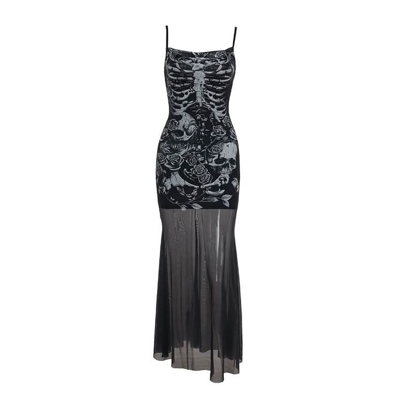 U neck skull print mesh backless cami maxi dress