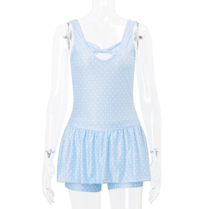 Sleeveless polka dot bowknot hollow out pant set