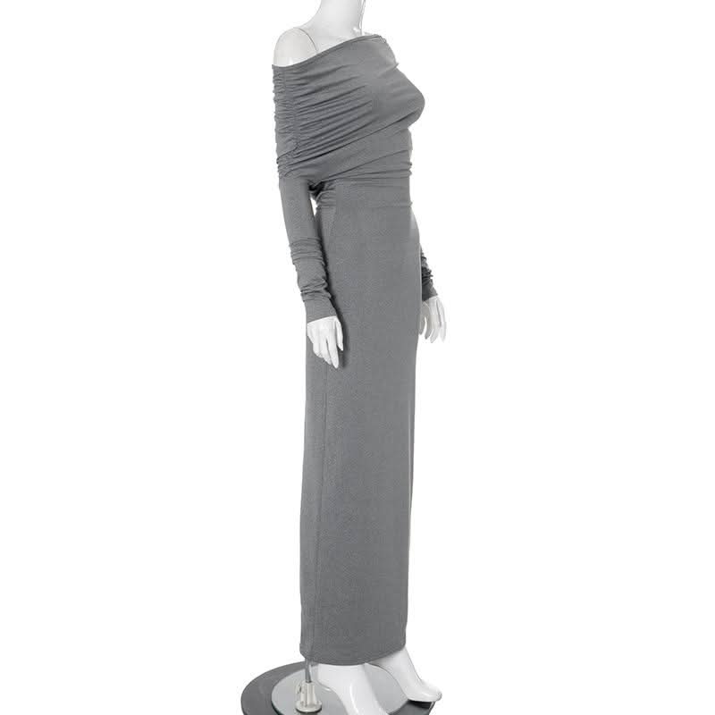 Long sleeve ruched one shoulder irregular maxi dress