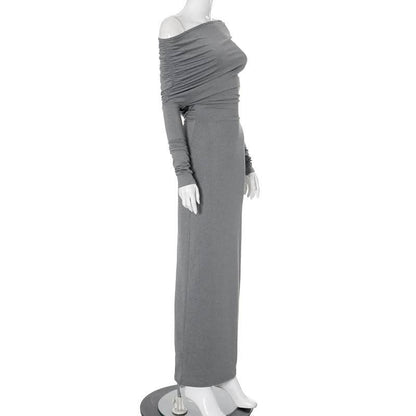 Long sleeve ruched one shoulder irregular maxi dress