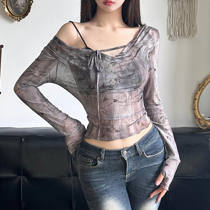 Long sleeve butterfly print mesh self tie top