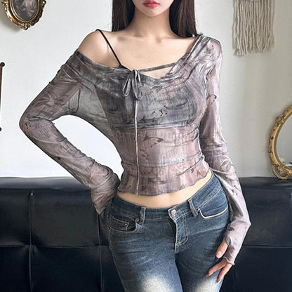 Long sleeve butterfly print mesh self tie top