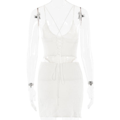 V neck knitted cross back backless cami mini skirt set