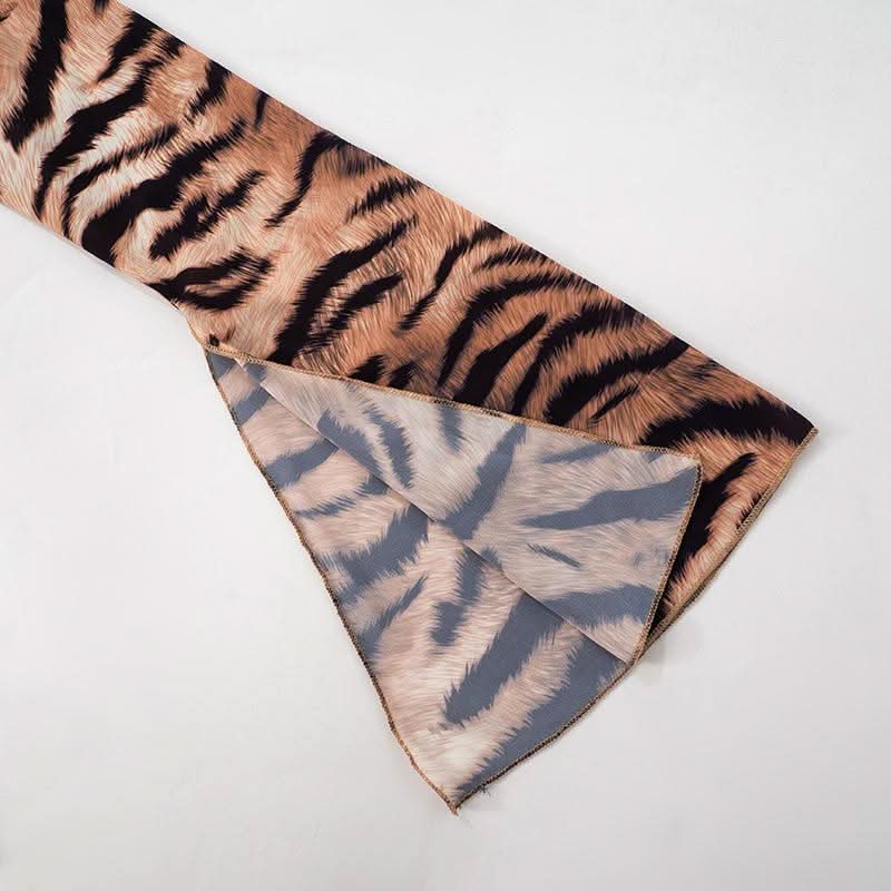 Slit long flared sleeve self tie tiger print cowl neck top