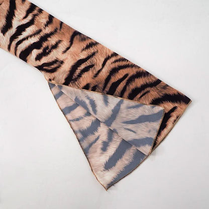 Slit long flared sleeve self tie tiger print cowl neck top