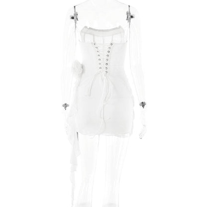 U neck bustier ruffle flower applique tube mini dress