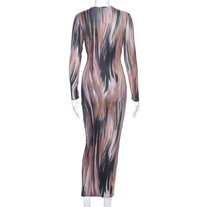 Long sleeve deep v neck knotted print maxi dress
