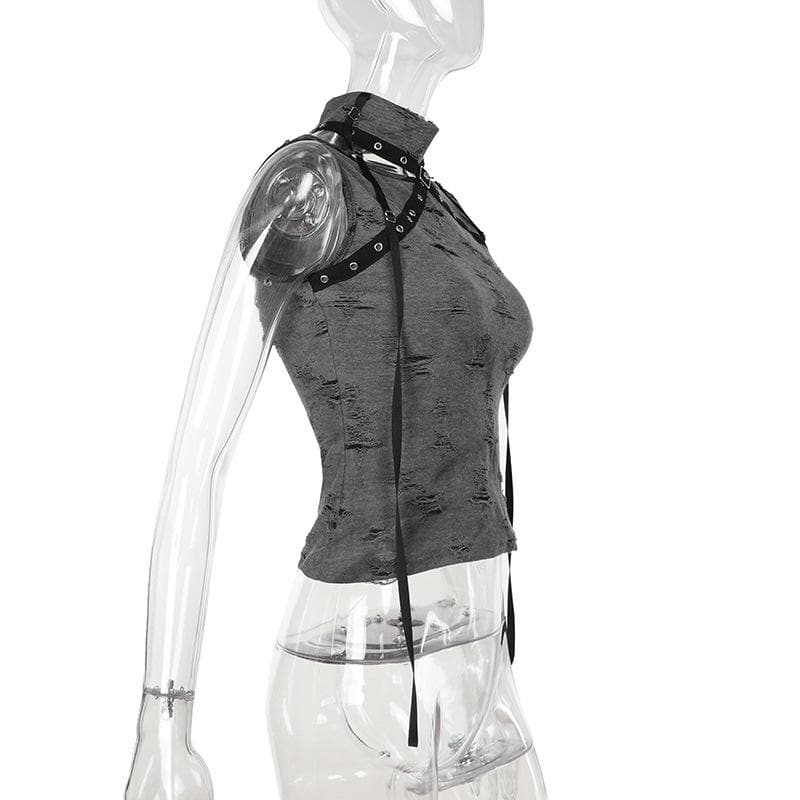 Sleeveless high neck buckle patchwork top