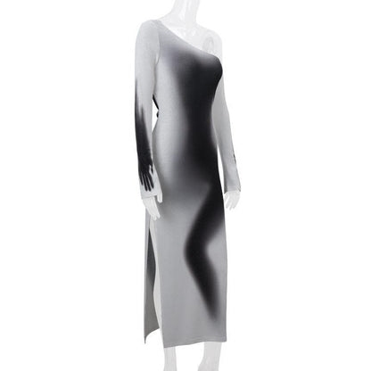 Long sleeve one shoulder ruched palm print gradient slit maxi dress- Final Sale