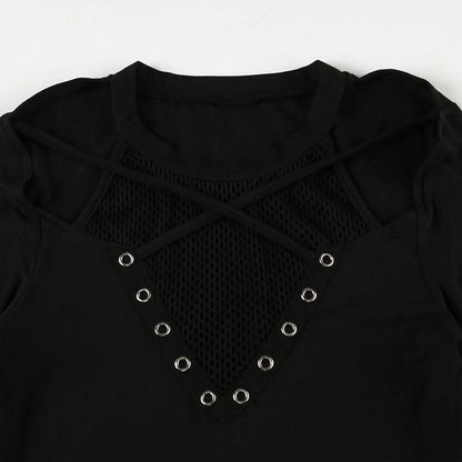 Long sleeve cross front hollow out fishnet patchwork cut out top