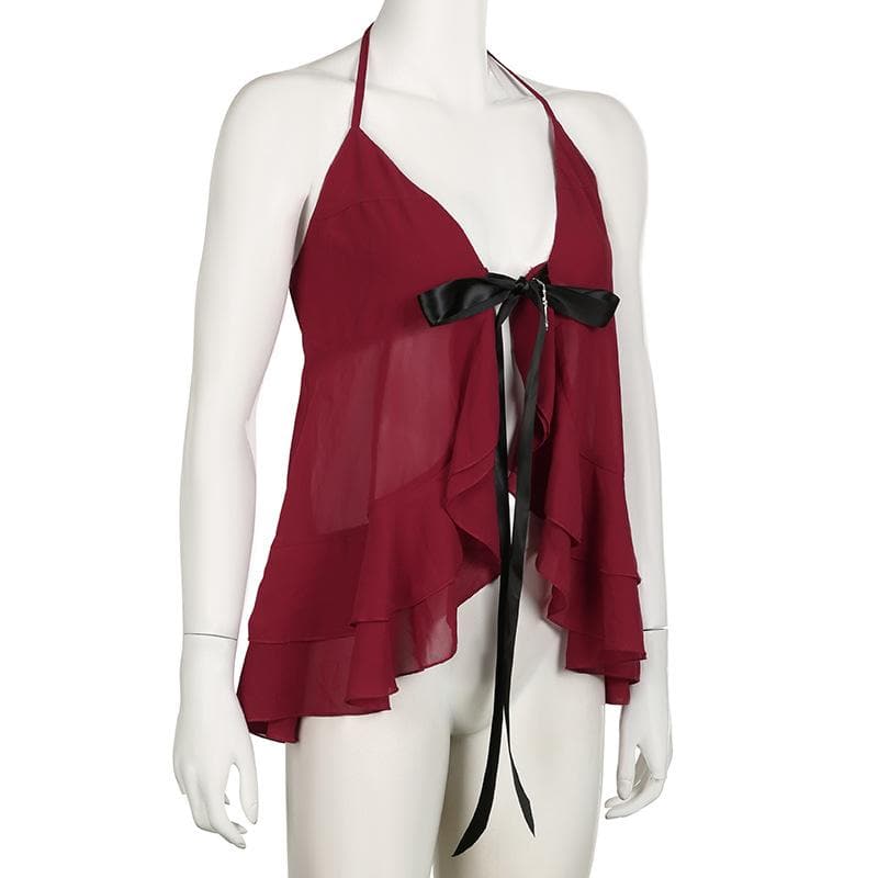 Halter cross applique bowknot mesh ruffle top