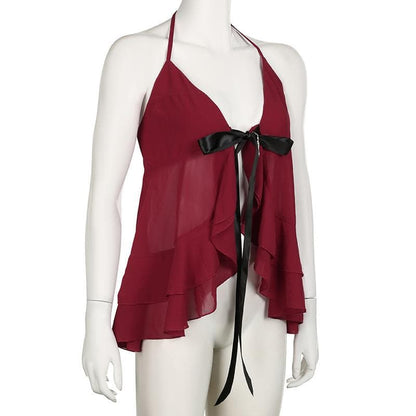 Halter cross applique bowknot mesh ruffle top