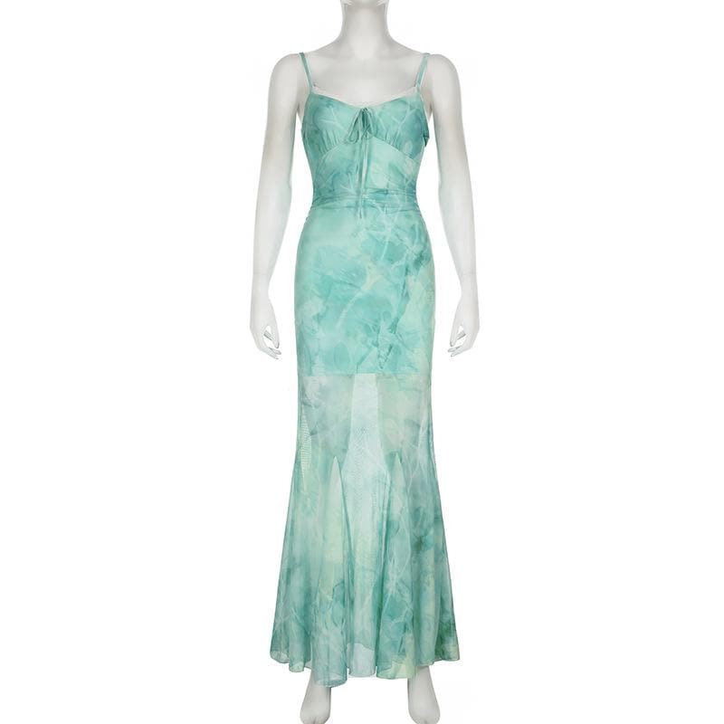 Lace hem print mesh knotted ruched cami maxi dress