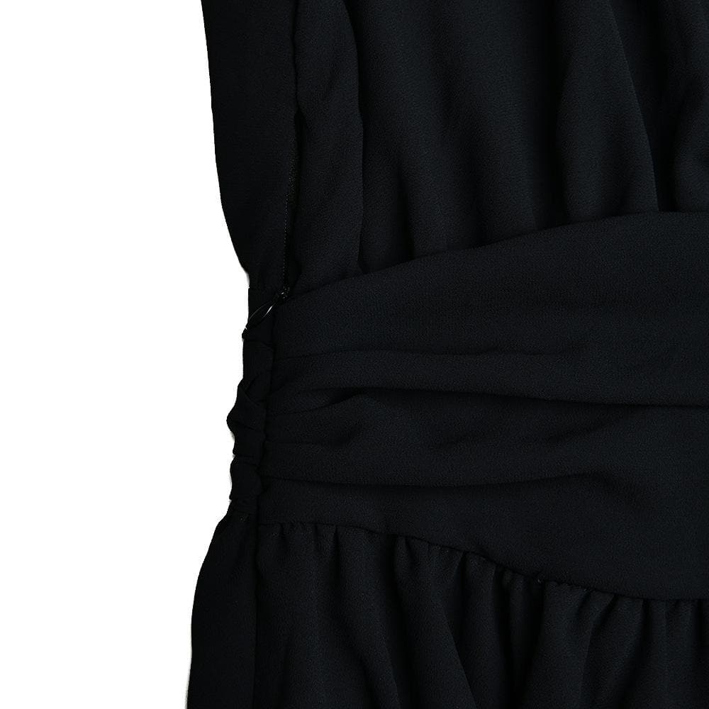 Spread Collar Deep V Ruched Waist Ruffled Cuff Mini Dress