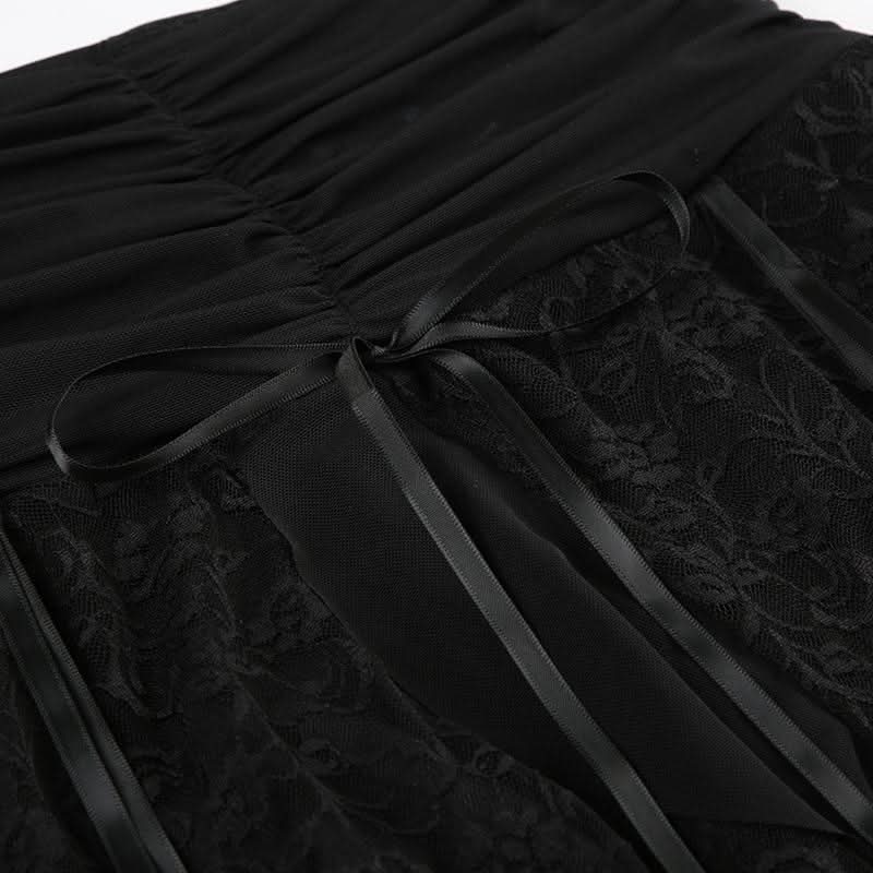 Irregular bowknot ribbon ruched lace solid midi skirt