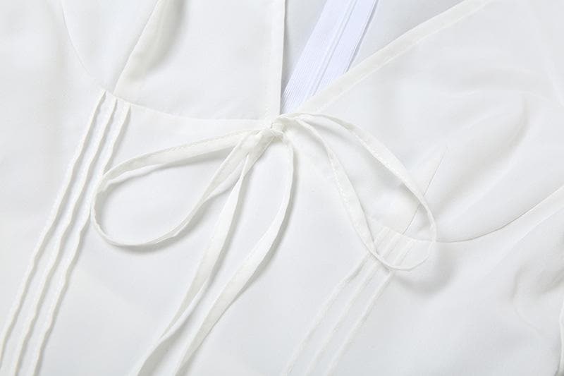 Puff sleeve v neck bowknot zip-up mini dress