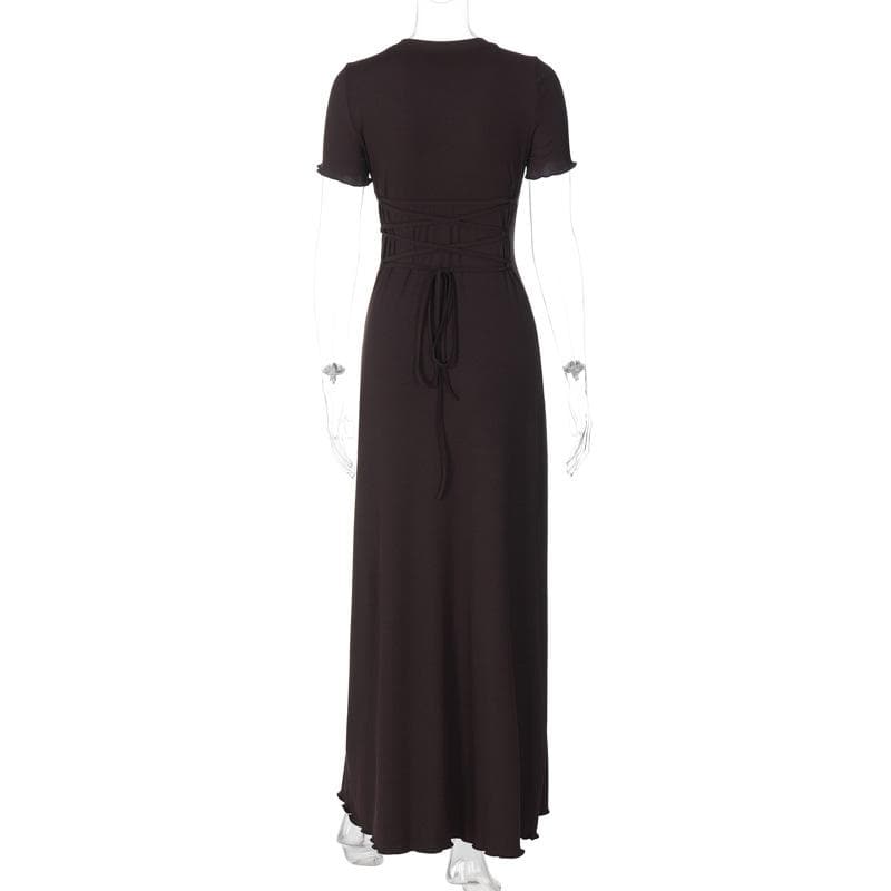 Short sleeve round neck ruffle knotted solid maxi dress