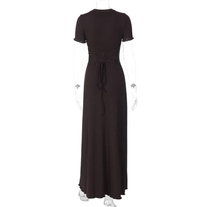 Short sleeve round neck ruffle knotted solid maxi dress