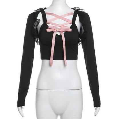 Long sleeve lace hem lace up shrug 2 piece top