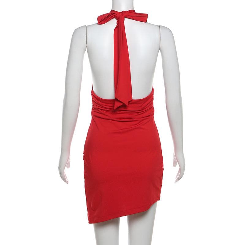 Halter deep v neck ruched backless mini dress