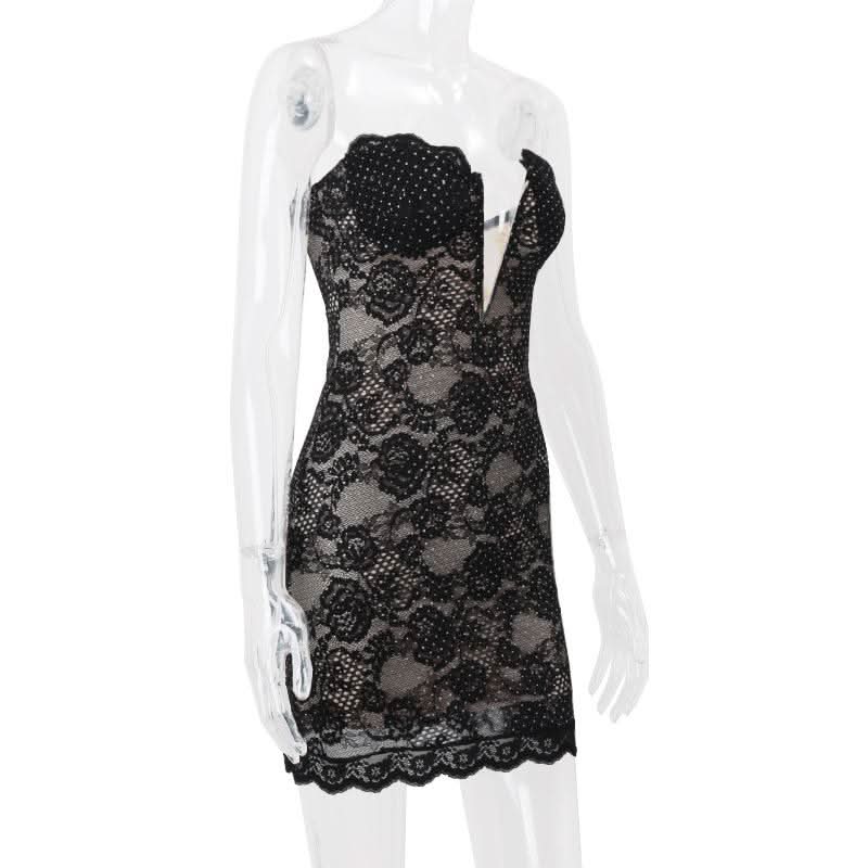 Lace hem beaded backless zip-up tube mini dress