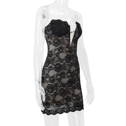 Lace hem beaded backless zip-up tube mini dress