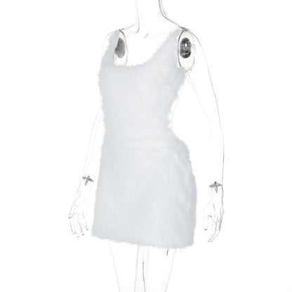 U neck fluffy zip-up backless cami mini dress