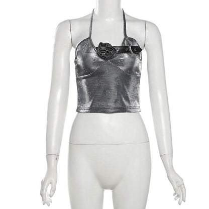 Self tie halter flower applique backless top