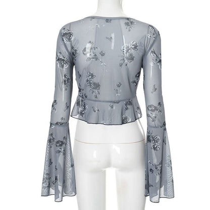 Long flared sleeve v neck self tie ruffle flower print top