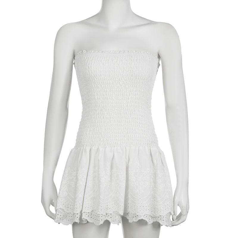 Smocked textured solid tube mini dress