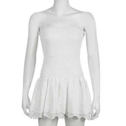 Smocked textured solid tube mini dress