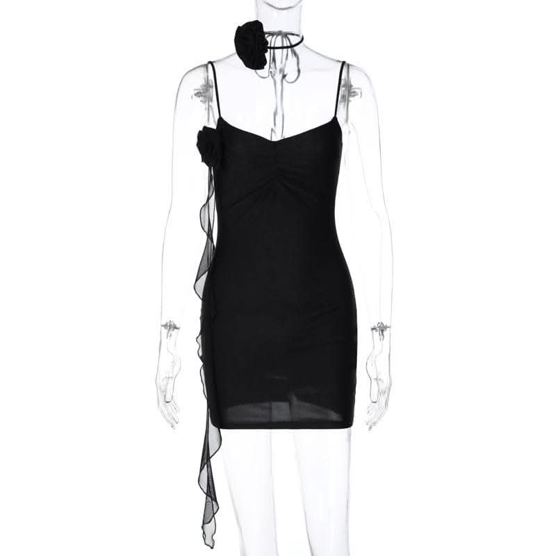 Flower applique solid backless v neck ribbon cami mini dress-final-sale