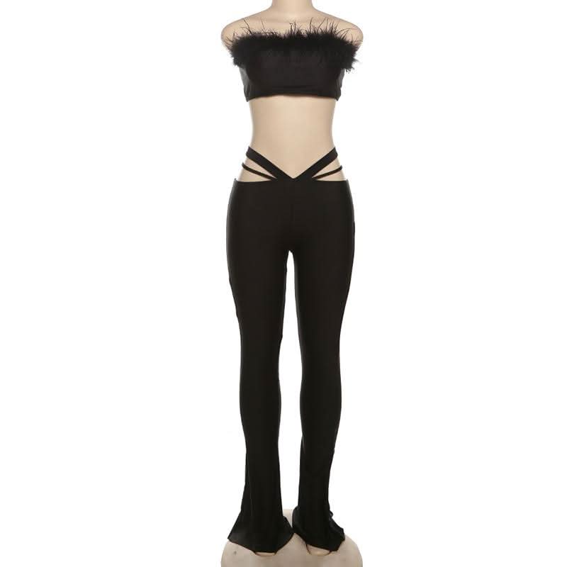 Feather hollow out low rise solid tube pant set