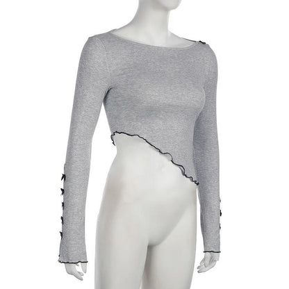 Long sleeve bowknot ruffle crop top