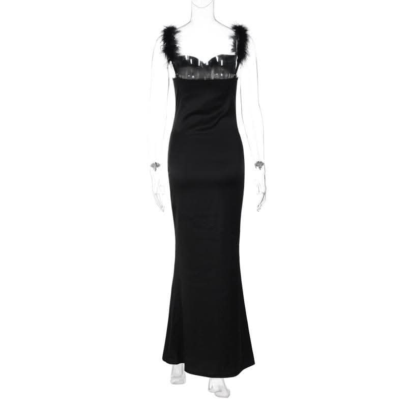 Feather cowl neck ruched solid backless maxi dress-final-sale