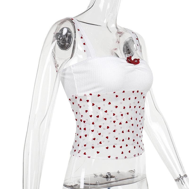 Bowknot ruched heart print mesh cami top