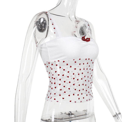 Bowknot ruched heart print mesh cami top