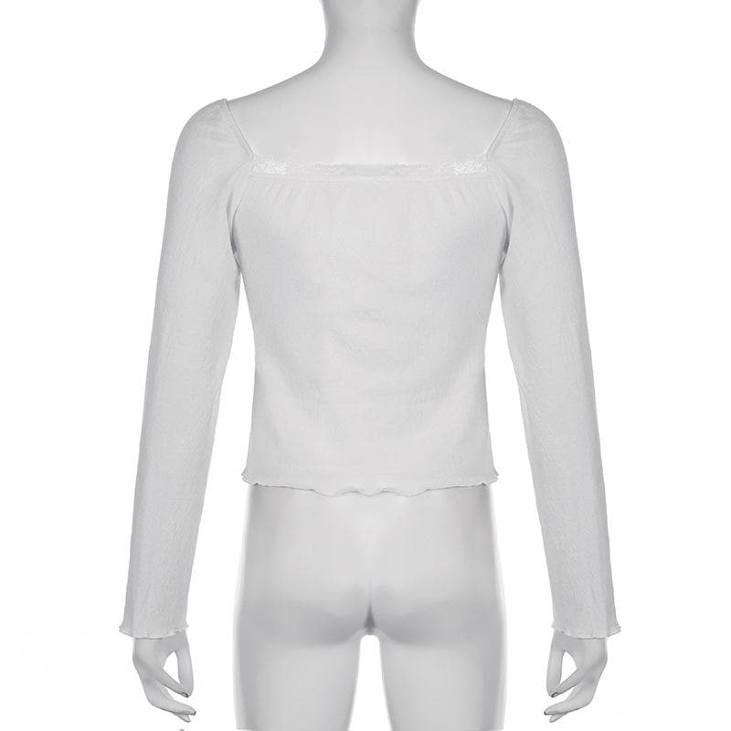 Button ruffle long sleeve lace hem textured solid 2 piece top