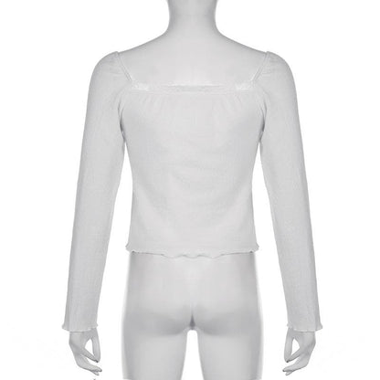 Button ruffle long sleeve lace hem textured solid 2 piece top