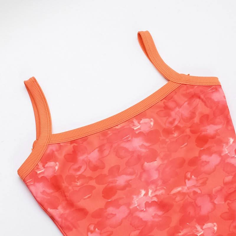 Slit u neck flower print backless cami mini dress