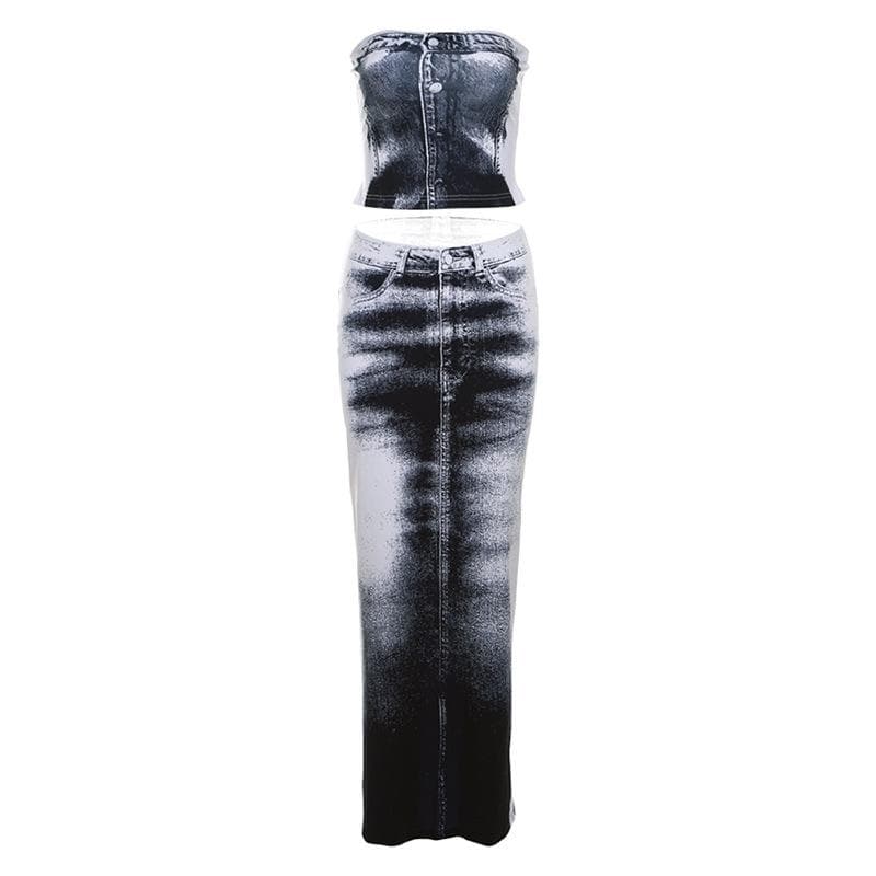 Contrast denim print slit backless tube maxi skirt set-final-sale
