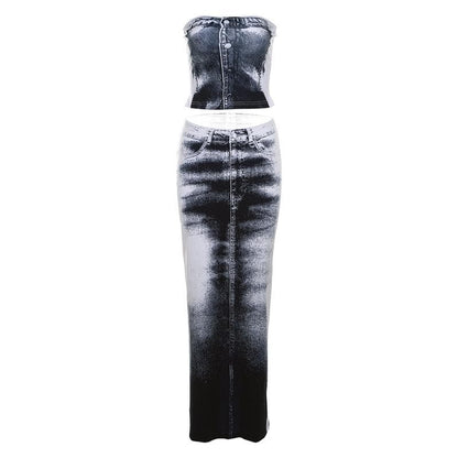 Contrast denim print slit backless tube maxi skirt set-final-sale