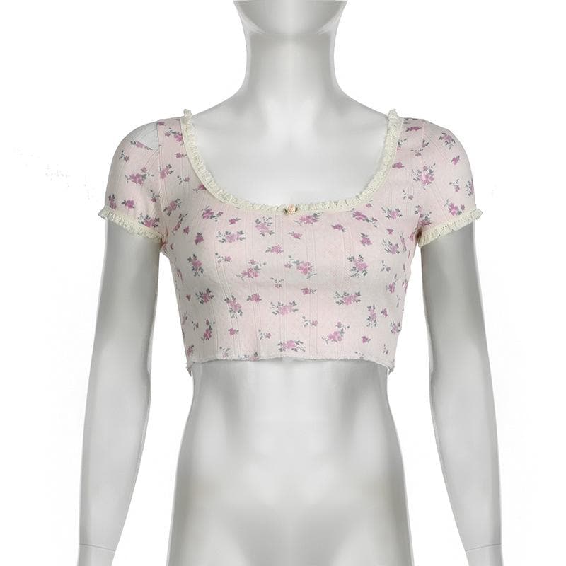 Short sleeve lace hem flower applique print textured crop top