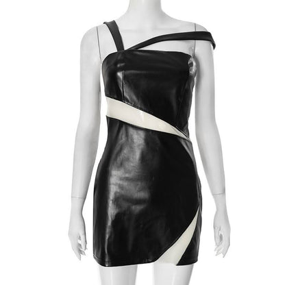Irregular PU leather mesh zip-up mini dress