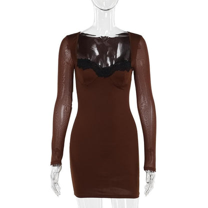 Long sleeve lace hem solid mini dress