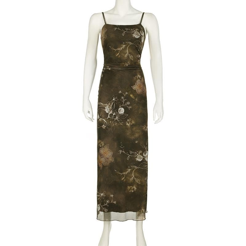 U neck print mesh cami maxi dress