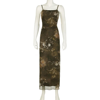 U neck print mesh cami maxi dress