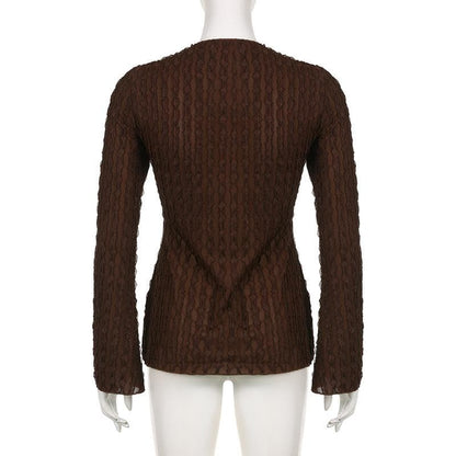 Textured butterfly pattern self tie long sleeve v neck crop top