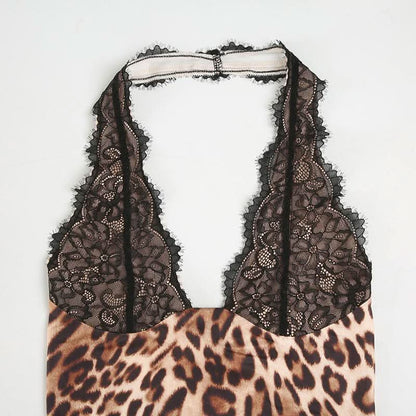 Halter leopard print backless lace mini dress