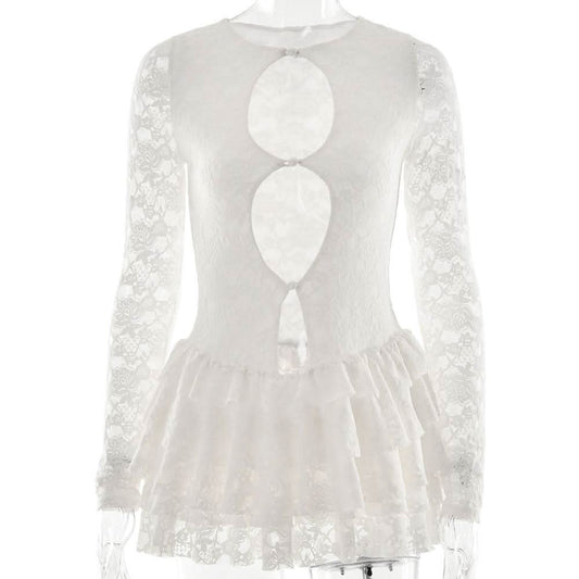 Long sleeve lace hollow out ruffle cut out mini dress